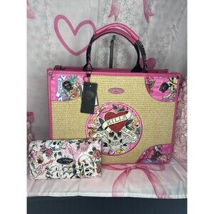 ED HARDY Pink Tattoo and Straw Tote and Wallet